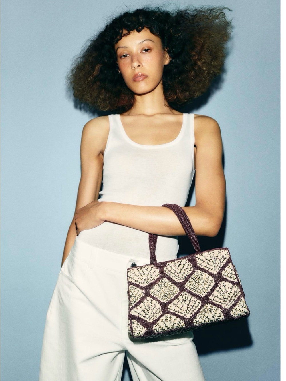 Zara Cream & Plum Woven Shoulder Tote